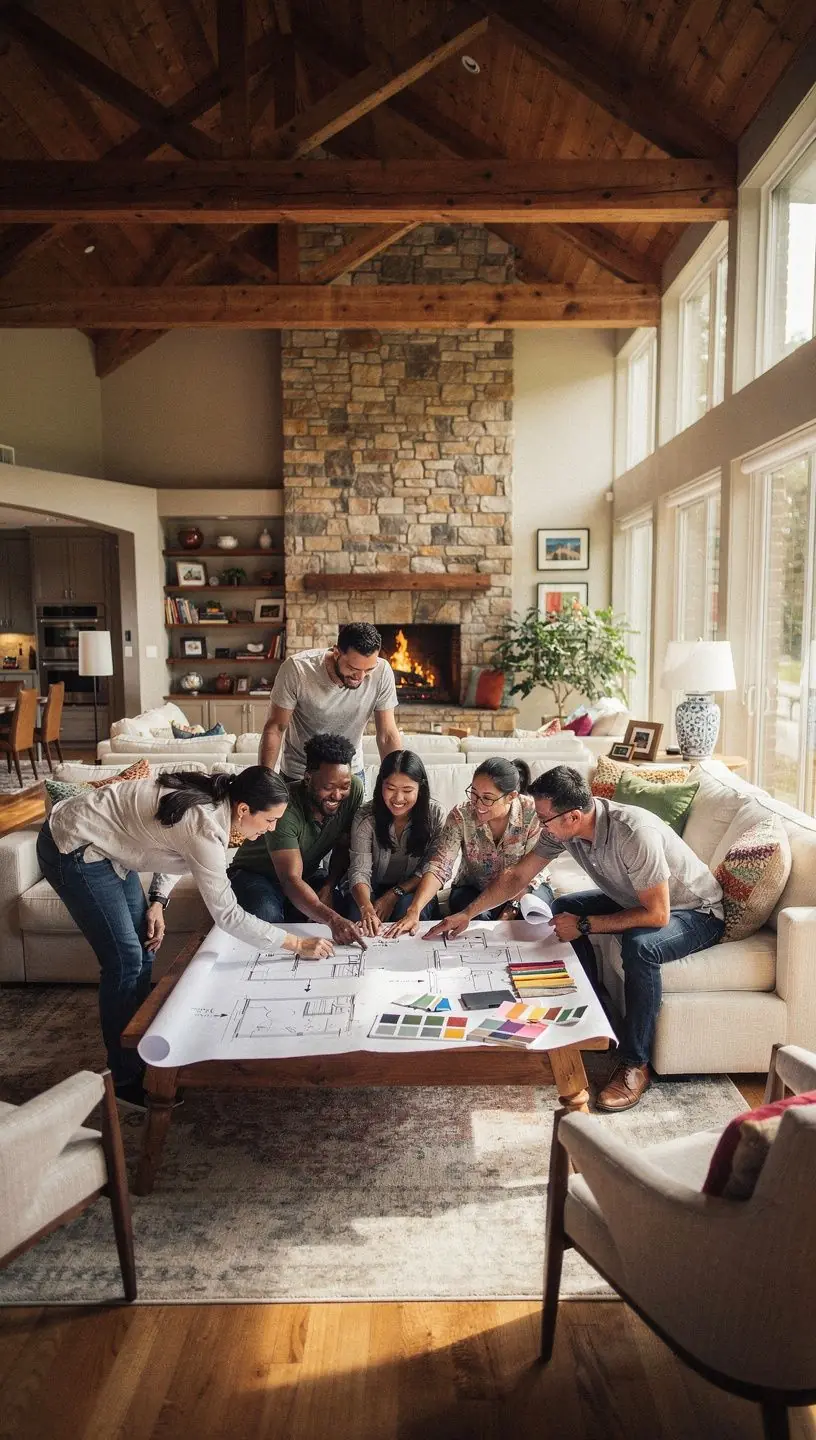 Jadalnia z dużym stołem i dekoracyjnymi lampami sufitowymi.